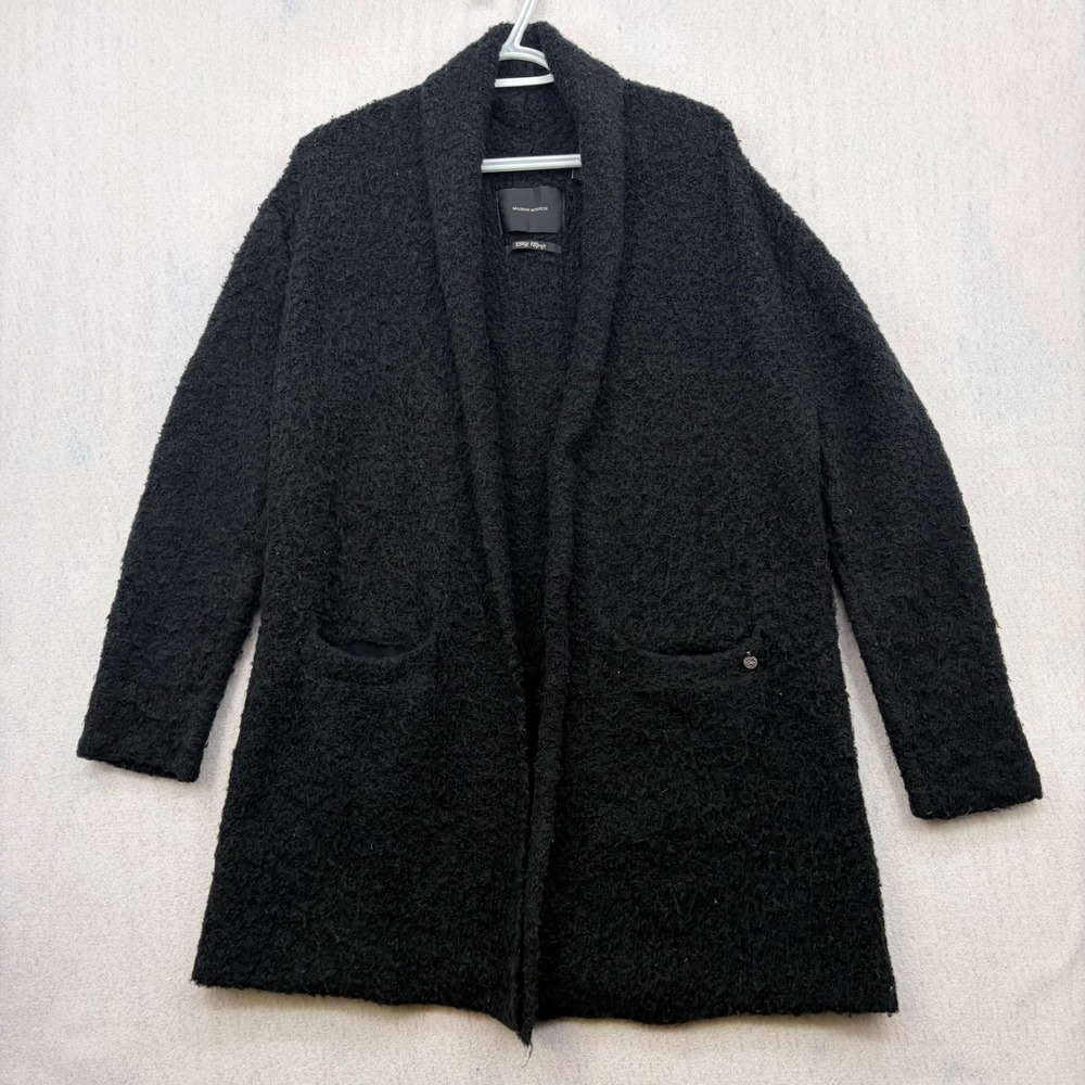 Maison Scotch Punk Radar Black Boucle Knit Longline Shawl Cardigan Sweater Sz 1